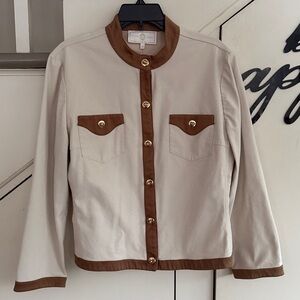VINTAGE St. John TAN/Caramel Trim stretch Cotton Jacket Metal toggle EUC US L